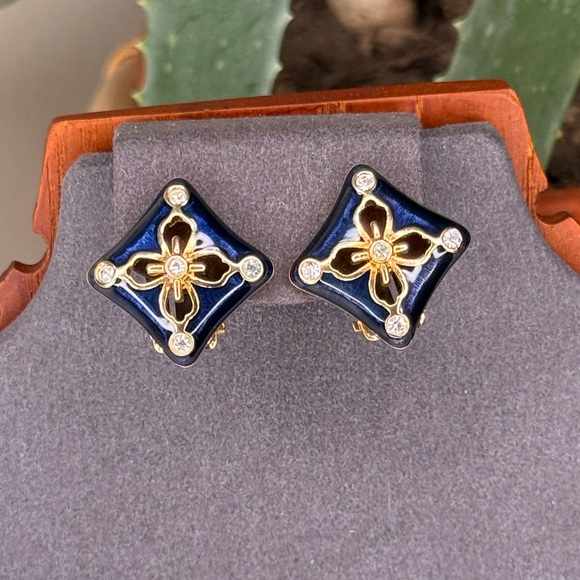 Swarovski Jewelry - Vintage Swarovski Swan Logo Navy Enamel Gold Floral Crystal Clip-On Earrings